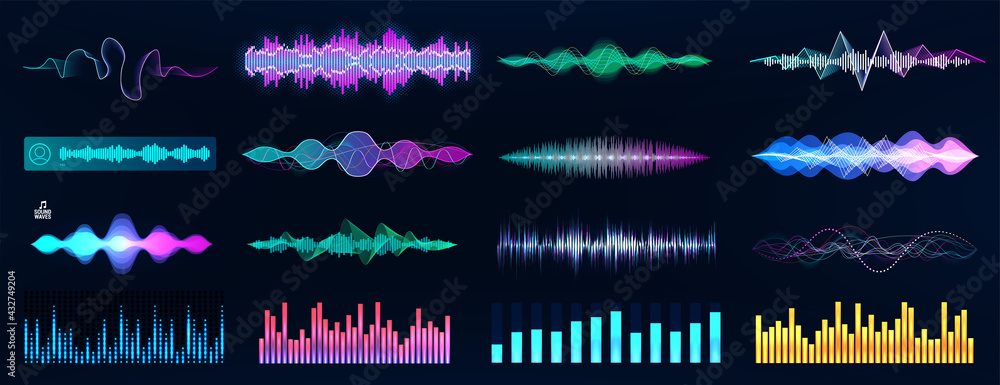 Poster Sound waves and voice records collection. Futuristic Frequency audio waveform and music wave. Voice and sound recognition in HUD style.
Graphic set audio waves, equalizer, and flow music. Vector