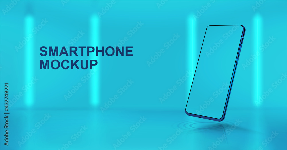 Poster Studio background with 3D smartphone mockup in perspective position. Realistic mobile phone illustration with blank screen. Presentation smartphone in futuristic style and colors. Vector Mockup