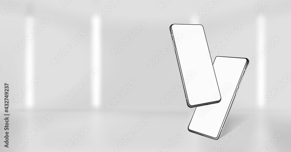 Poster Presentation banner with smartphones mockups. Web page template with mobile phones in isometric position. 3D realistic gadgets with blank screen in perspective for presentation UI, UX, KIT. Vector