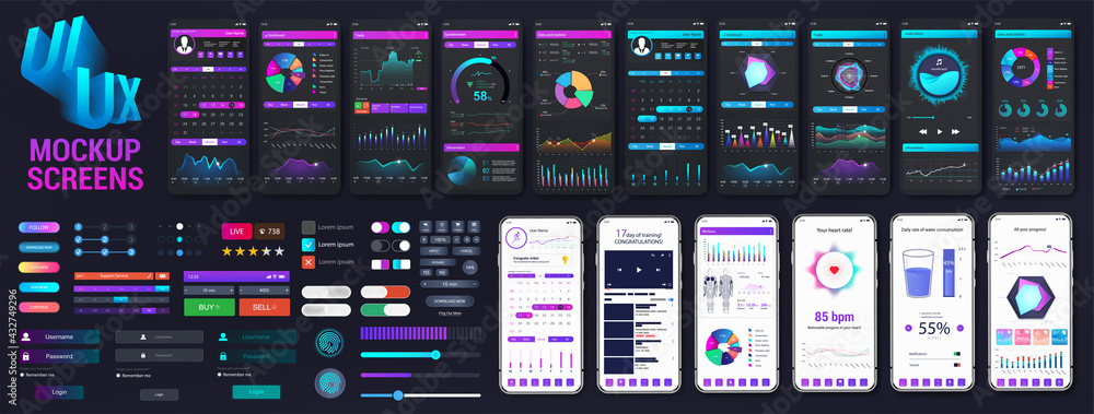 Poster graphic big collection ui, ux, kit elements. app screens mockups on the topic - business analytics, 