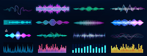 Sound waves and voice records collection. Futuristic Frequency audio waveform and music wave. Voice and sound recognition in HUD style.
Graphic set audio waves, equalizer, and flow music. Vector