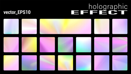 Holographic glitter texture collection, Trendy discs backgrounds with ultraviolet Metallic effect. Holographic texture set for posters, stickers, flyers, invitations. Pastel neon rainbow. Vector set