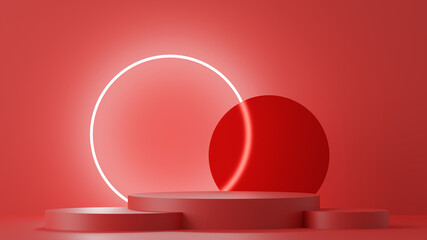 3D illustration of a platform, round glass and ring light.