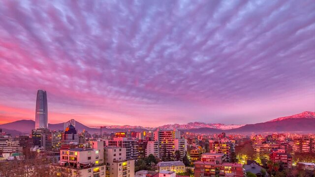 Awe time lapse with the clouds moving across Santiago de Chile city skyline. An amazing cityscape scenery on a cloudy winter day with the citylife and the clouds moving above the buildings