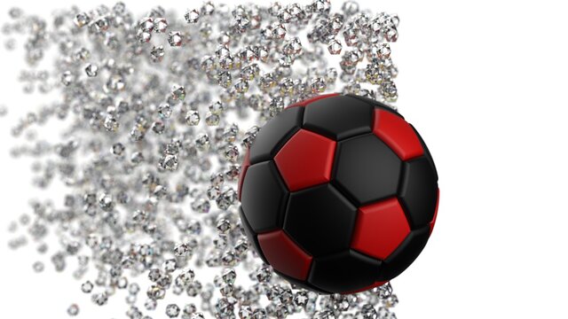 Black-Red Soccer Ball with diamond particles under white background. 3D illustration. 3D CG. 3D high quality rendering.