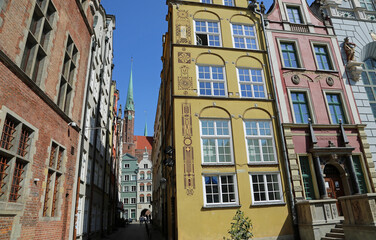 Narrow street with historic tenement, Gdansk, Poland