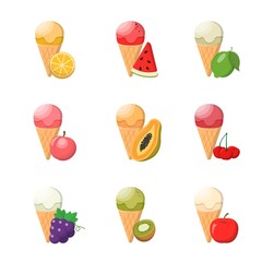 Cartoon comic vector set of 9 kinds of fruit ice cream and cones