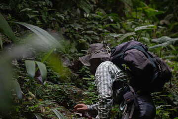photograph of a latin man hiking in the forest