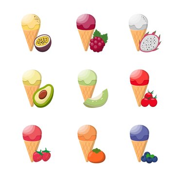 Cartoon comic vector set of 9 kinds of fruit ice cream and cones