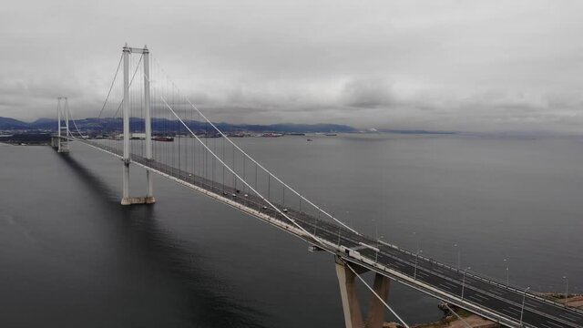 Aerial view of Osman Gazi Bridge in Kocaeli, Gulf of Izmit, Marmara sea, Turkey