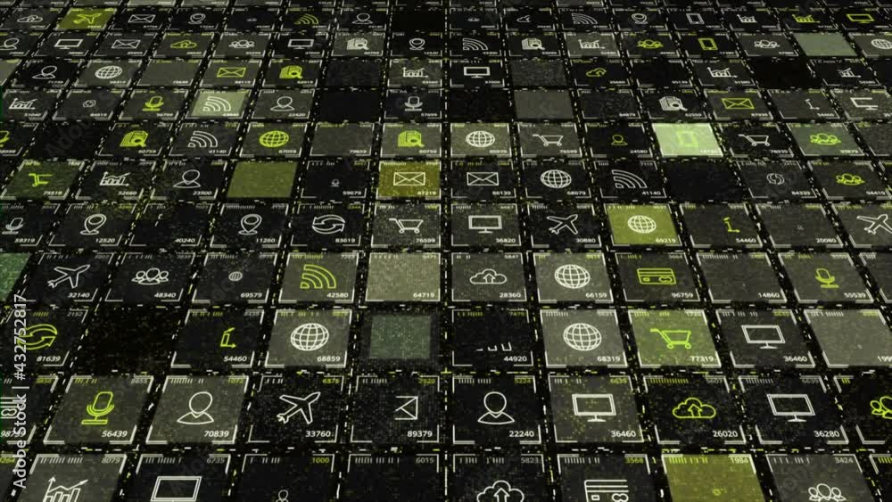 Poster pattern made of colorful display with blinking and changing media icons, seamless loop. animation. c
