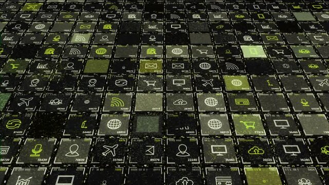 Pattern made of colorful display with blinking and changing media icons, seamless Loop. Animation. Concept of addiction to internet and social media.