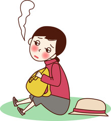 リュックを持ち、座って疲れた表情の女性。	