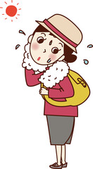 リュックを背負い、汗を拭く女性。