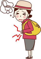 リュックを背負い、お腹が痛くてトイレに行きたいと思っている女性。