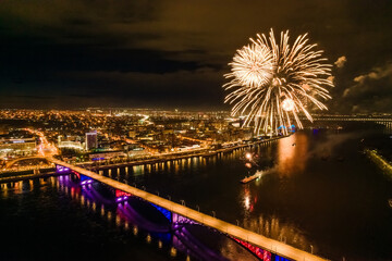 Fototapeta premium festive fireworks in honor of the Victory Day celebration, aerial footage