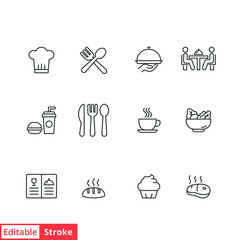 Restaurant food icon set. Simple outline style. Eat, kitchen, table, plate, chef, dinner, dish, food and beverage concept. Vector illustration isolated on white background. Editable stroke EPS 10.