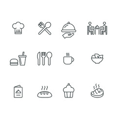 Restaurant food icon set. Simple outline style. Eat, kitchen, table, plate, chef, dinner, dish, drink, hot, food and beverage concept. Vector illustration isolated on white background. EPS 10.