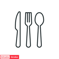Cutlery line icon. Simple outline style. Flatware, spoon, fork, steak knife, plate, restaurant concept. Vector illustration isolated on white background. Editable stroke EPS 10