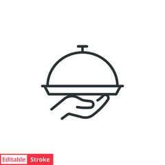 Food tray line icon. Simple outline style. Food, hand, tray, waiter, cloche, dinner, dish, guest, plate, restaurant concept. Vector illustration isolated on white background. Editable stroke EPS 10