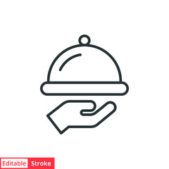 Food tray line icon. Simple outline style. Food, hand, tray, waiter, cloche, dinner, dish, guest, plate, restaurant concept. Vector illustration isolated on white background. Editable stroke EPS 10