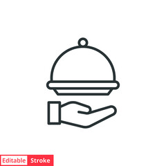 Food tray line icon. Simple outline style. Food, hand, tray, waiter, cloche, dinner, dish, guest, plate, restaurant concept. Vector illustration isolated on white background. Editable stroke EPS 10