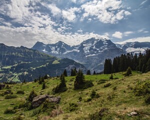 Fototapeta na wymiar Swiss Alp peaks seen from Mürren, Switzerland4193x3354