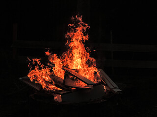 Bonfire burning woods at night