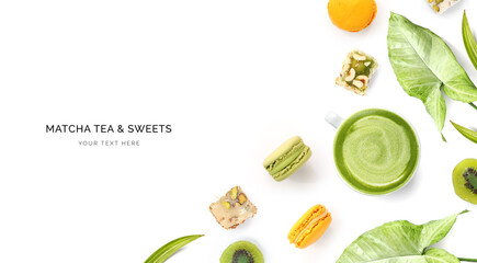 Creative layout made of matcha, lokum and macaroons on the green background. Flat lay. Food concept.