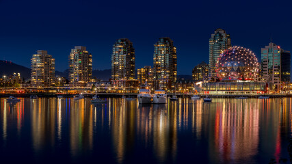 City Lights in the Evening on the Eastern Shore of False Creek Inlet in Vancouver British Columbia, Canada