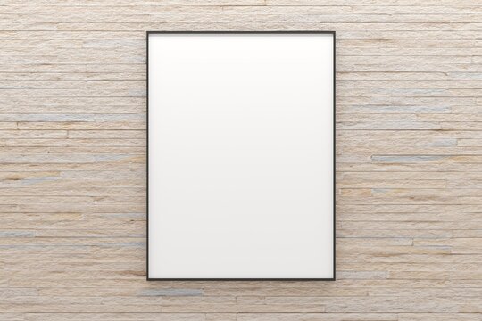 White empty blank picture or poster frame template mock up design hanging on brick wall background in room with black frame