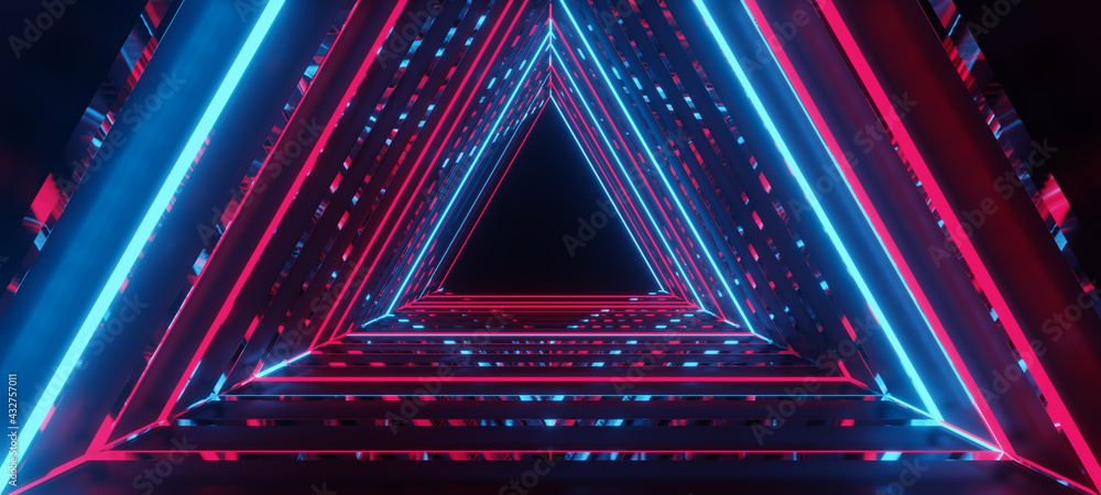 Aufkleber 3d rendering of ultraviolet neon triangular on black background.1980s concept.neon triangular,glowin