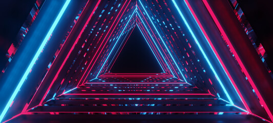 3d rendering of ultraviolet neon triangular on black background.1980s concept.Neon triangular,glowing lines,tunnel,laser show,Stage neon light colorful blue red triangle shape frame technology.