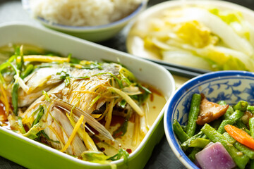 side view fast food of steamed fish and beans and cabbage and rice at horizontal composition
