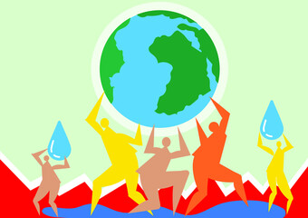 People are helping to protect the world, Trendy flat illustration. Men and women are holding a globe, Symbol of volunteering. Save the planet, Template for your design works, Vector graphics