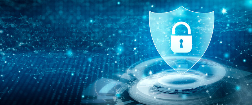 Shield with padlock icon in personal data security cyber data and information privacy with blue background abstract. Business Internet Technology Concept. 3D illustration.