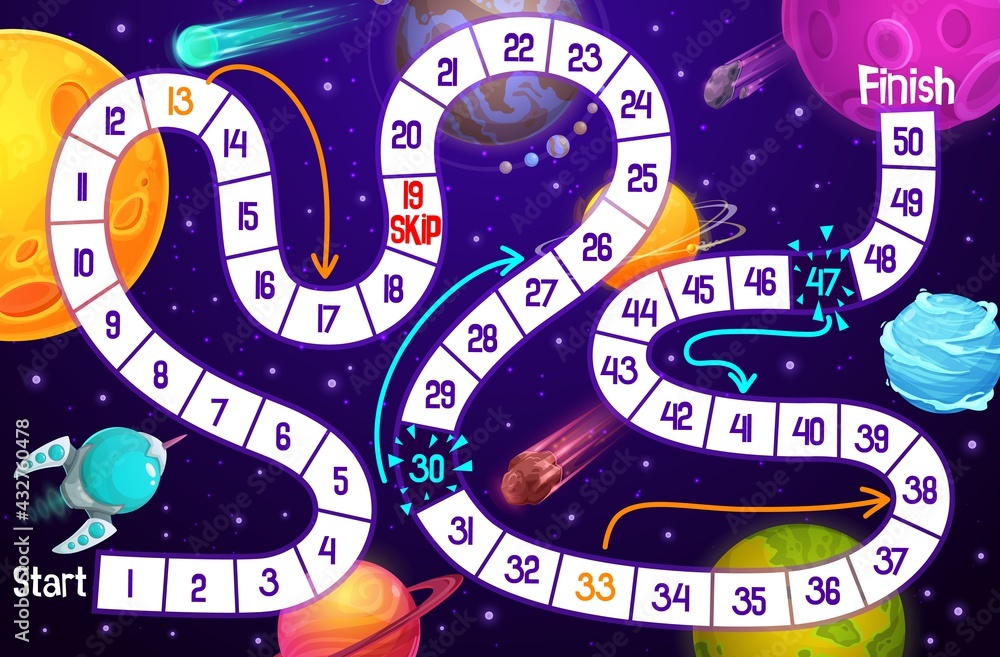 Poster cartoon kids board game, space adventure with rocket and planets vector template. step boardgame wit