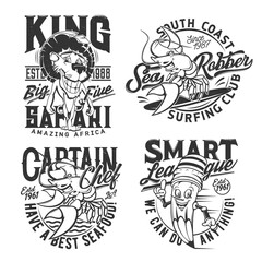 T-shirt prints, sea surfing, safari hunt club and smart league, vector badges. Cartoon African leo for safari hunting, lobster crab as captain chief of seafood restaurant and smart pencil with smile