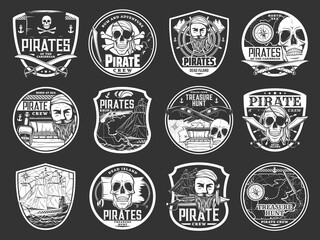 Pirate skulls and treasure island icons, Caribbean sea adventure, vector shield badges. Pirate captain and ship, buccaneer Merry Roger crossbones flag, rum and treasures chest on map with compass