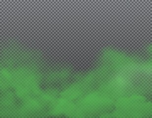 Green bad smell, stench and stink smoke on transparent background. Realistic vector odor clouds, vapor, haze, mist or fog of bad smell, steam of toxic gas, breath odour and scent smoky waves