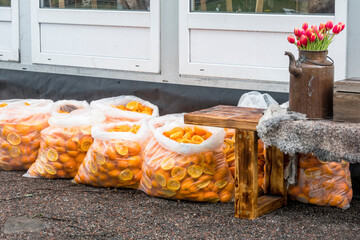 Stockholm, Sweden Bags of fresh squeezed oranges outside a cafe used for making fresh juice.