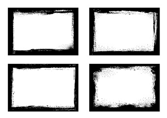 Grunge frames isolated vector black borders of rectangular shape with scratched rough edges on white background. Grungy old texture, dirty spatter vignettes, retro design elements or photo frames set