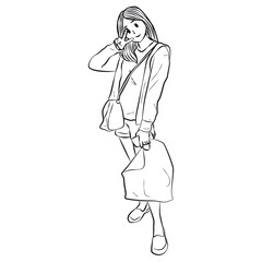 young girl pose after shooping line art vector illustration