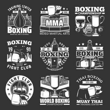 Boxing club emblems, Muay Thai kickboxing championship, vector icons. MMA Boxing sport fight academy and mixed martial arts training school signs with championship belt, boxing gloves and punching bag
