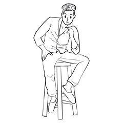 male model handsomely sitting in chair pose line art illustration