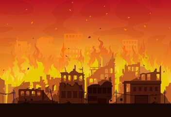 City in fire, destroyed burning houses and buildings, vector disaster or war background. Burning city ruins and town destruction from earthquake, bomb explosion attack and world apocalypse catastrophe