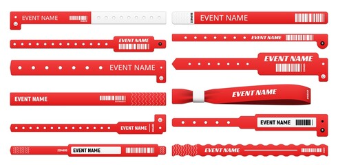 Event bracelet realistic mockups of isolated vector access wristbands, white and red plastic wrist bands and paper entrance tickets with bar codes. 3d event access bracelets for club party and concert