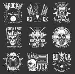 Fototapeta premium Rock music festival icons, hard rock skull and guitar vector badges and emblems. Hard rock and heavy metal fest live concert performance signs with drums, punk skull and electric guitar in fire flame