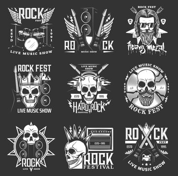 Rock music festival icons, hard rock skull and guitar vector badges and emblems. Hard rock and heavy metal fest live concert performance signs with drums, punk skull and electric guitar in fire flame
