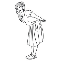 young girl cute pose line art vector illustration